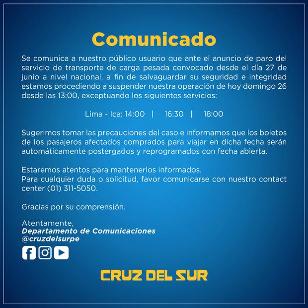 Comunicado de Cruz del Sur