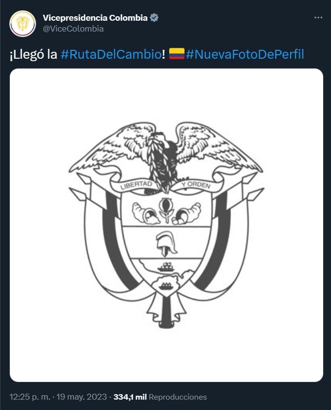 La cuenta de la Vicepresidencia de Colombia publicó un escudo en blanco y negro aludiendo al reciente cambio de imagen institucional que generó reacciones encontradas. En la foto de perfil se evidencia el rediseño del escudo por uno de motivo monocromático (@ViceColombia/Twitter)