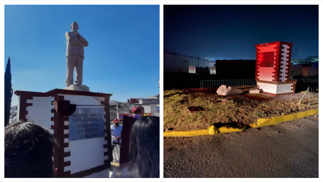 Derriban estatua de AMLO en Atlacomulco (Fotos: Twitter/@Guadarios/@ernestoperezgom )