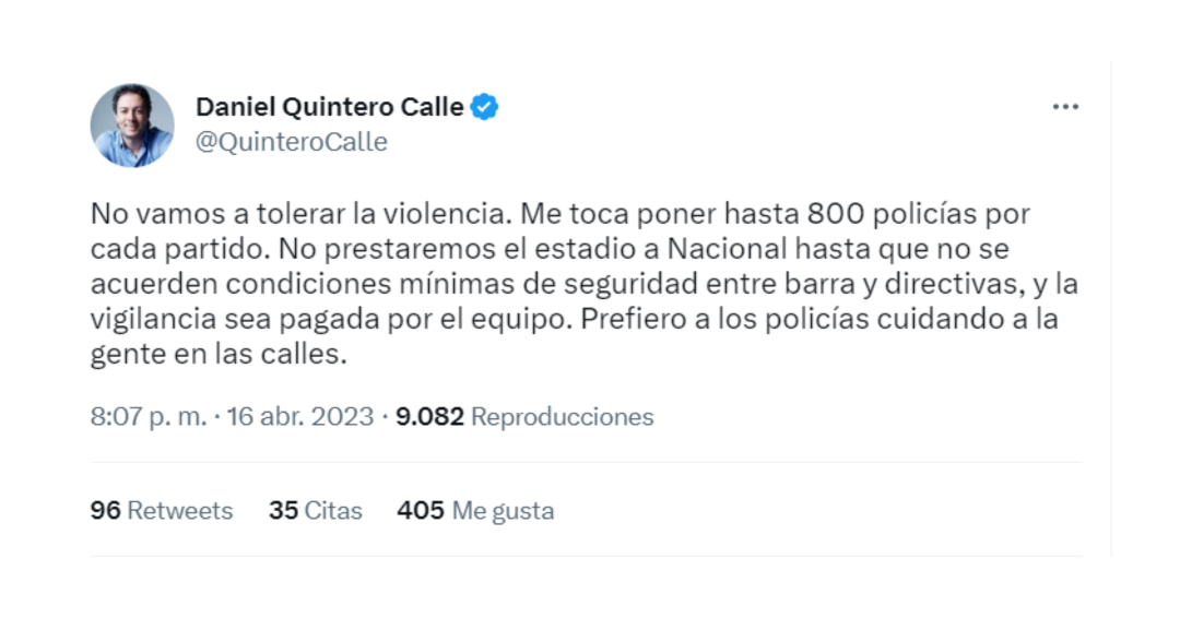 El alcalde de Medellín afirmó que no le prestará más el Atanasio Girardot a Nacional. Créditos: @QuinteroCalle/Twitter