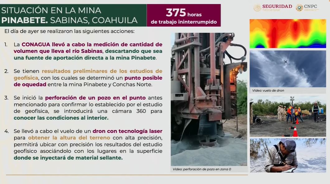Se encontró un punto de oquedad en los trabajos de rescate de los mineros atrapados en la mina de Sabinas Foto: Captura de Pantalla