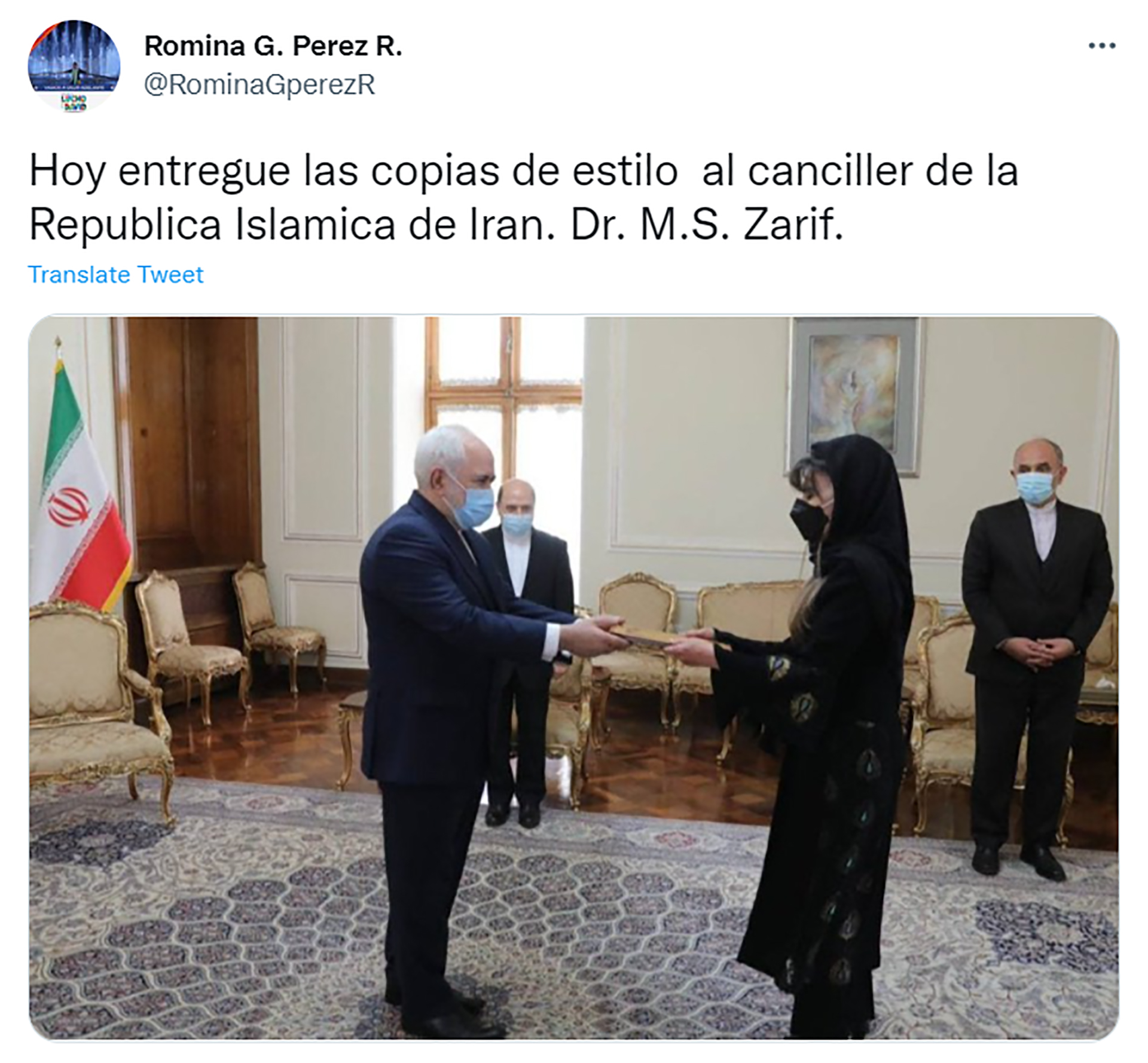Romina Pérez Presentó sus credenciales ante el cancillere iraní en febrero de 2021