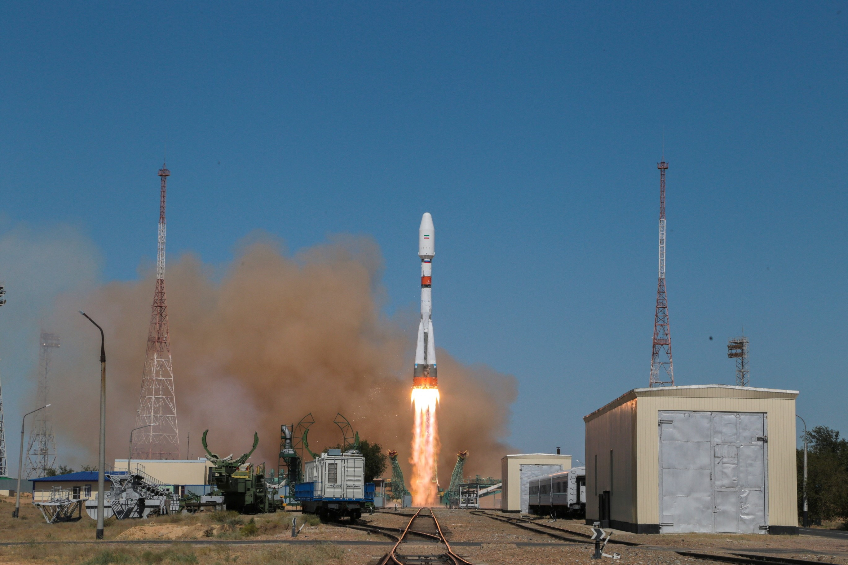 The Soyuz-2.1bs rocket takes off from the launch pad with a military satellite.  Roscosmos/Handout via REUTERS/File