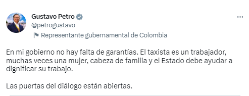El presidente Gustavo Petro dijo en respuesta al video de Manuel Gil, líder de los taxistas de Bogotá, que en su gobierno "no hay falta de garantías".