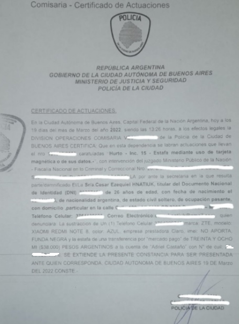 Esta es la denuncia policial que realizó César el 19 de marzo, un día después de lo sucedido