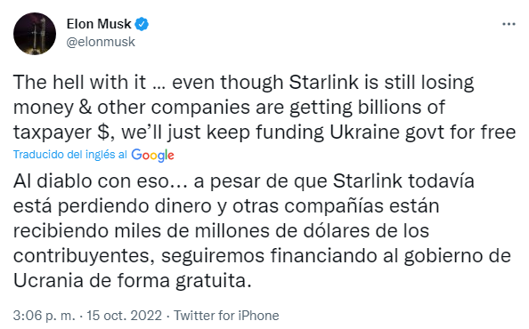 Tuit de Elon Musk sobre Starlink en Ucrania (Twitter: @elonmusk)