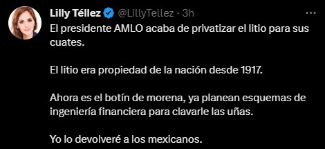 La panista aseguró que ella devolverá el litio a los mexicanos, en caso de ser presidenta en 2024 (Twitter/@LillyTellez)