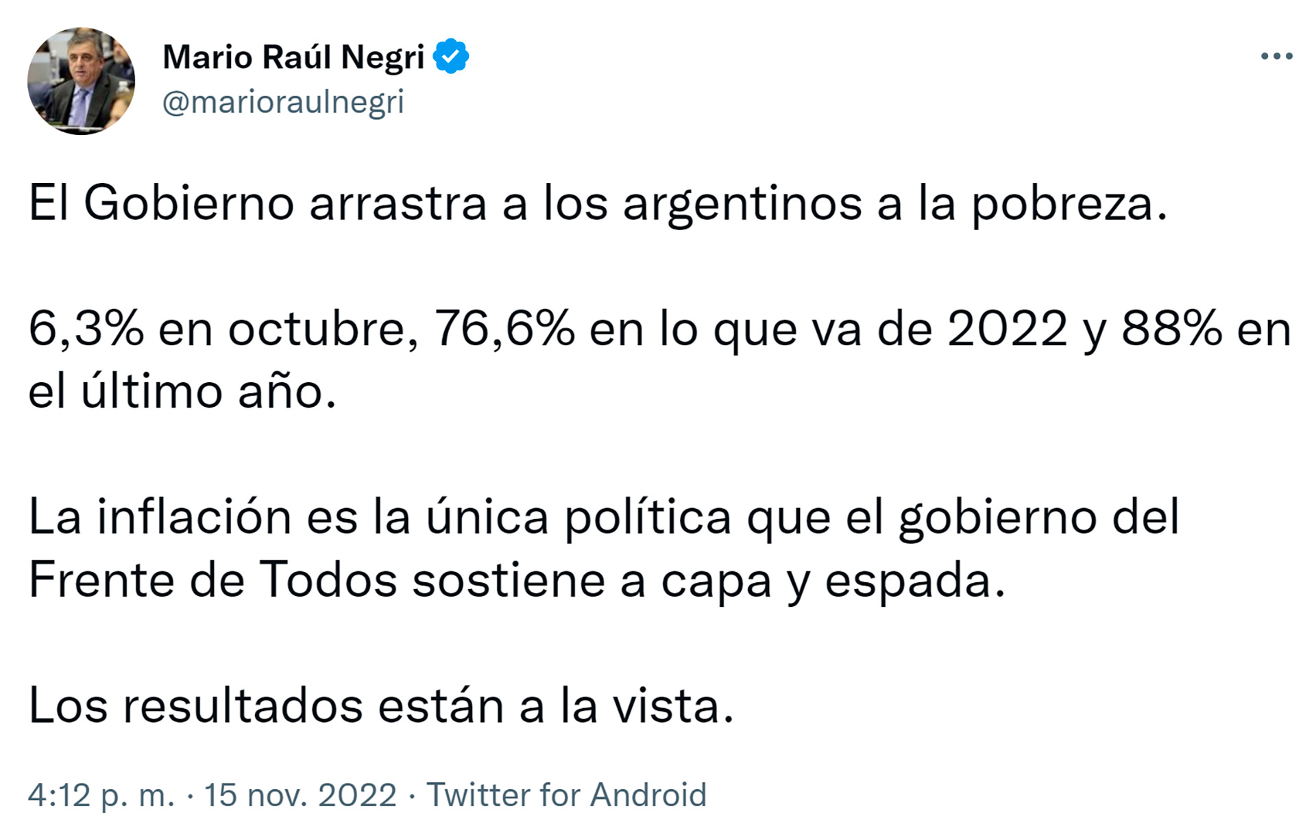 El tuit de Mario Negri sobre los índices de inflación