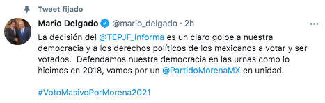 Mario Delgado aseguró que la decisión del TEPJF es un "claro golpe a nuestra democracia" (Foto: captura de pantalla@mario_delgado)