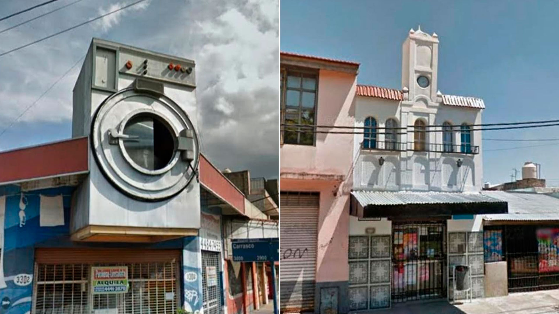 Fachadas sorprendentes: un lavarropas incrustado en una esquina y un mini Cabildo en la planta alta de una casa