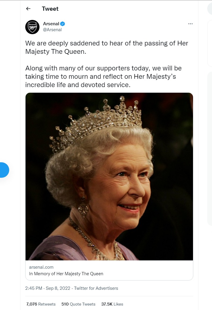 "Lamentamos profundamente la noticia del fallecimiento de Su Majestad la Reina. Junto con muchos de nuestros seguidores hoy, nos tomaremos un tiempo para llorar y reflexionar sobre la increíble vida y el servicio dedicado de Su Majestad"