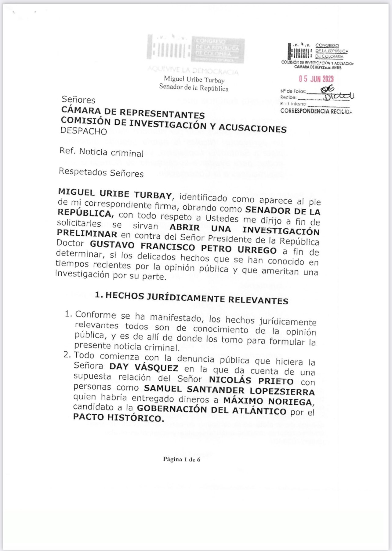 Denuncia penal de Miguel Uribe Turbay contra el presidente Gustavo Petro.