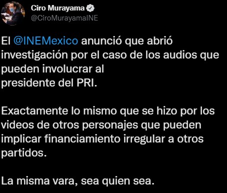 El consejero electoral se refirió sobre el caso que involucra al presidente del PRI en su cuenta oficial de Twitter (Foto: Twitter/@CiroMurayamaINE)