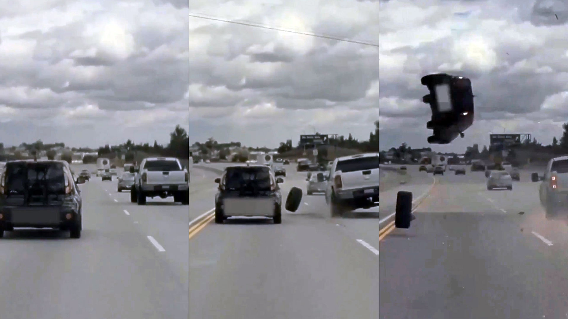 El momento en que un neumático desprendido provoca un dramático accidente en una autopista