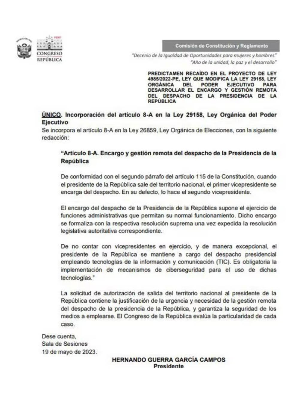 La Comisión de Constitución y Reglamento evaluará el predictamen que sugiere aprobar el proyecto del Ejecutivo.