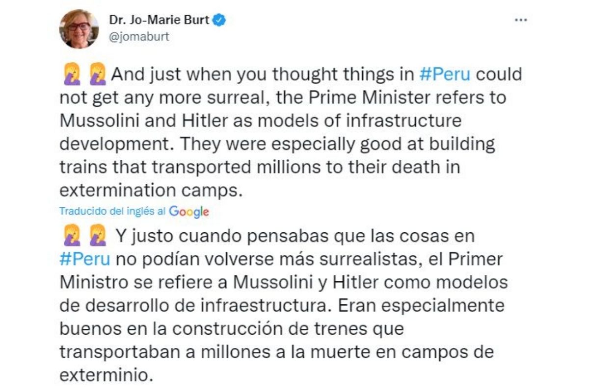 Tuit de Jo-Marie Burt, profesora de estudios latinoamericanos de la George Mason University
