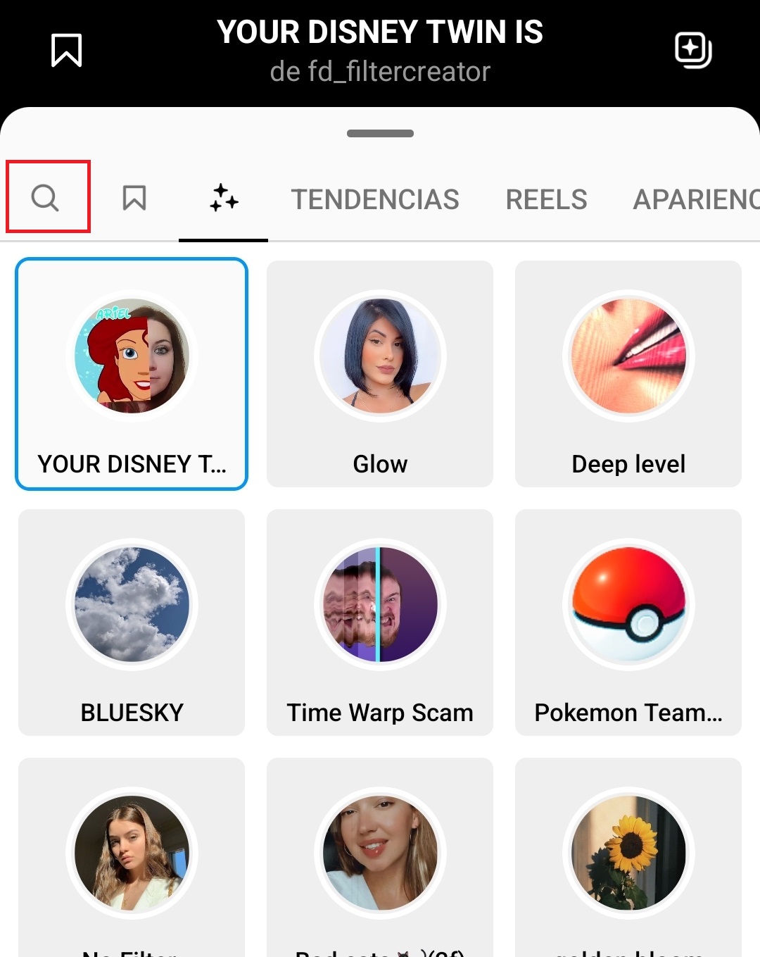 Con la lupa se buscan los efectos en Instagram