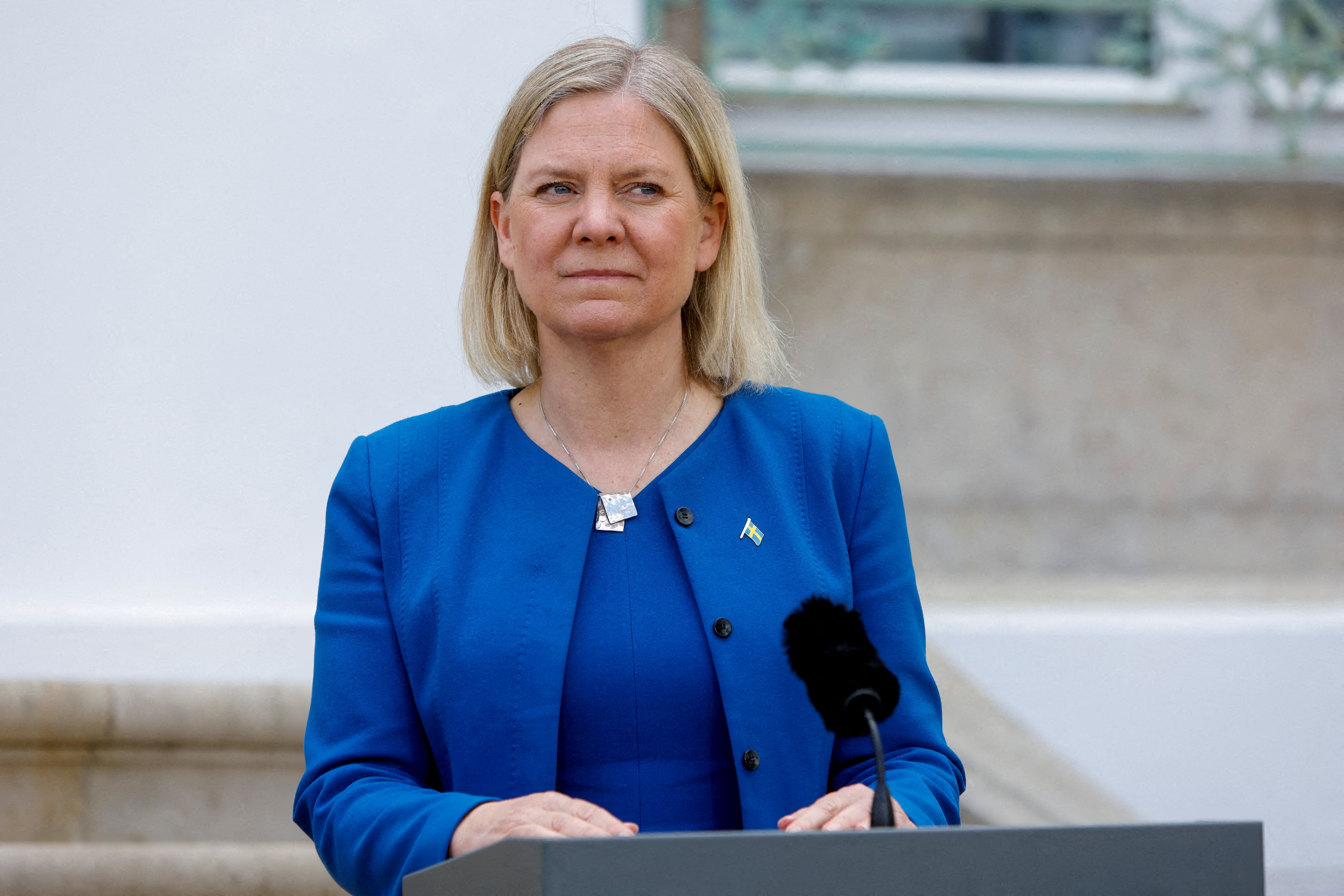 FILE PHOTO: Sweden's Prime Minister Magdalena Andersson looks next to a microphone on the first day of a special German cabinet meeting hosted by Chancellor Olaf Scholz at the government guest house Schloss Meseberg in Meseberg, Gransee, Germany , May 3, 2022 (Reuters)