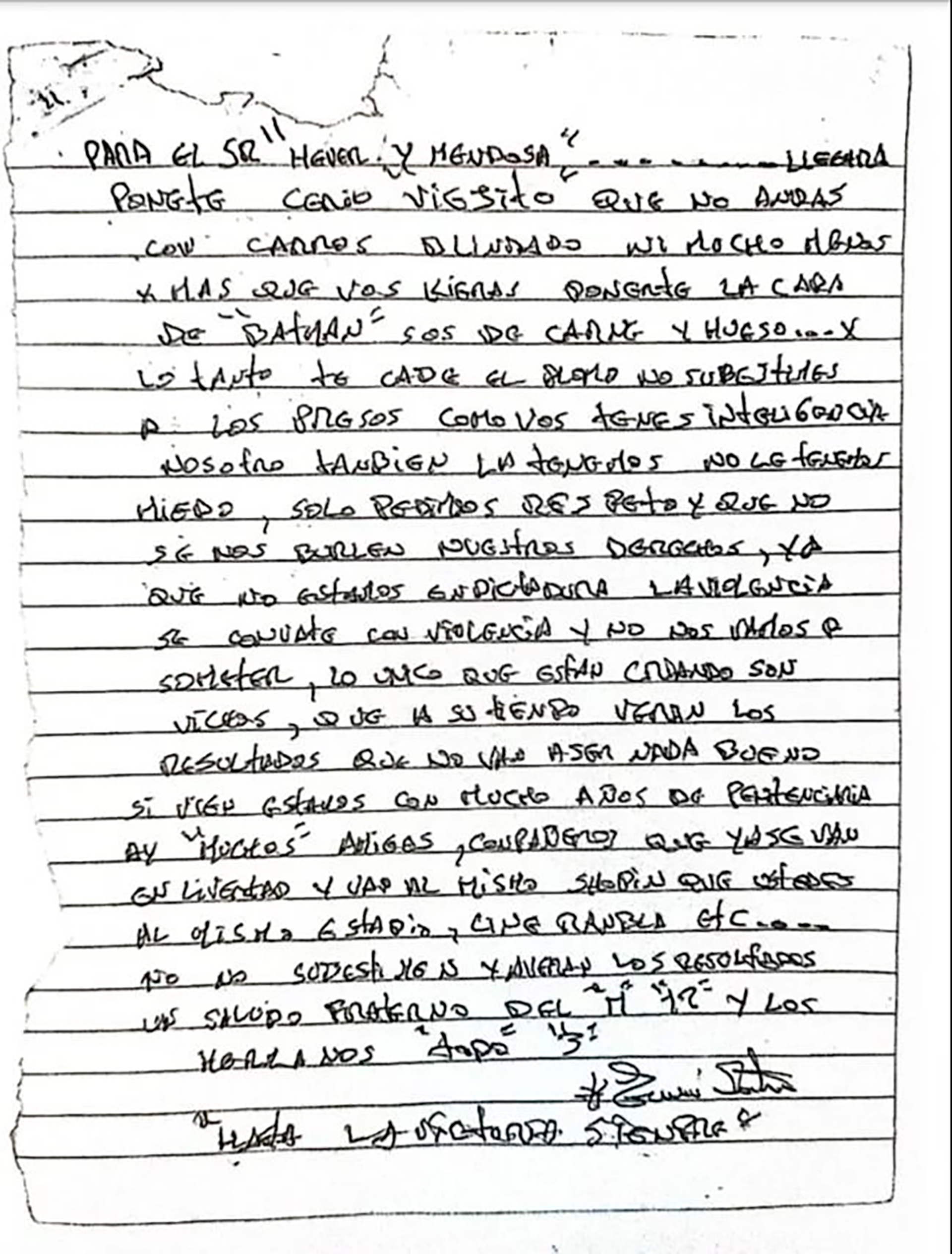 Primera carta de Edwin "Coco" Parentini, dirigida al ministro de Interior y al director del Instituto Nacional de Rehabilitación
