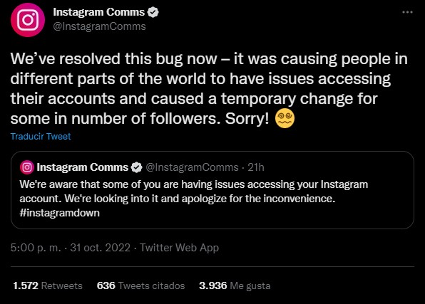 Cuenta de Twitter de Instagram indica que el error que suspendía cuentas de forma accidental ya fue corregido. (Twitter/Captura)