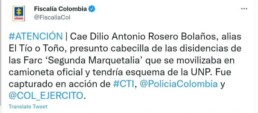 La Fiscalía lo publicó en sus redes sociales. Foto: Twitter @FiscaliaCol