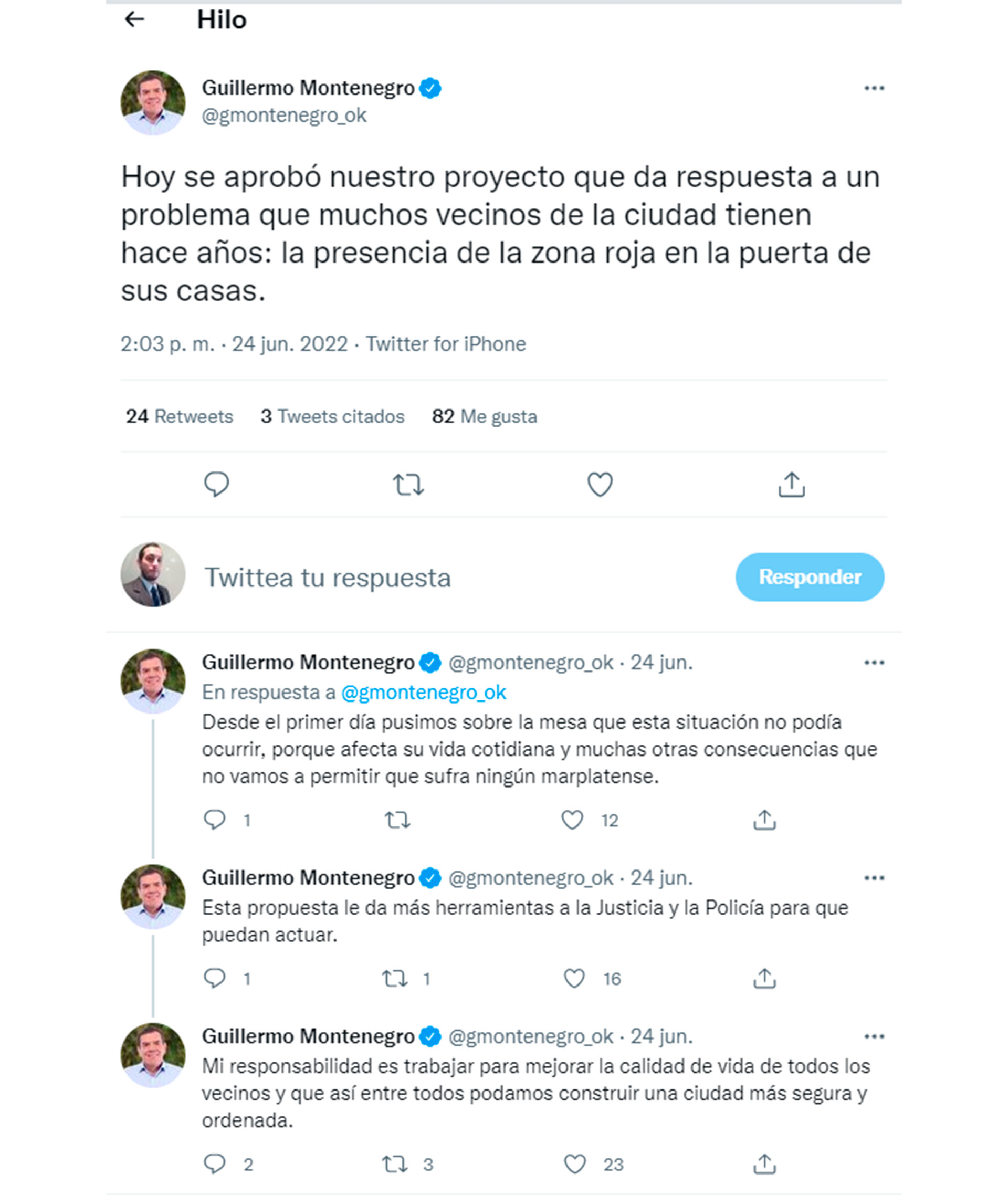 Hilo de Twitter del intendente de General Pueyrredón Guillermo Montenegro