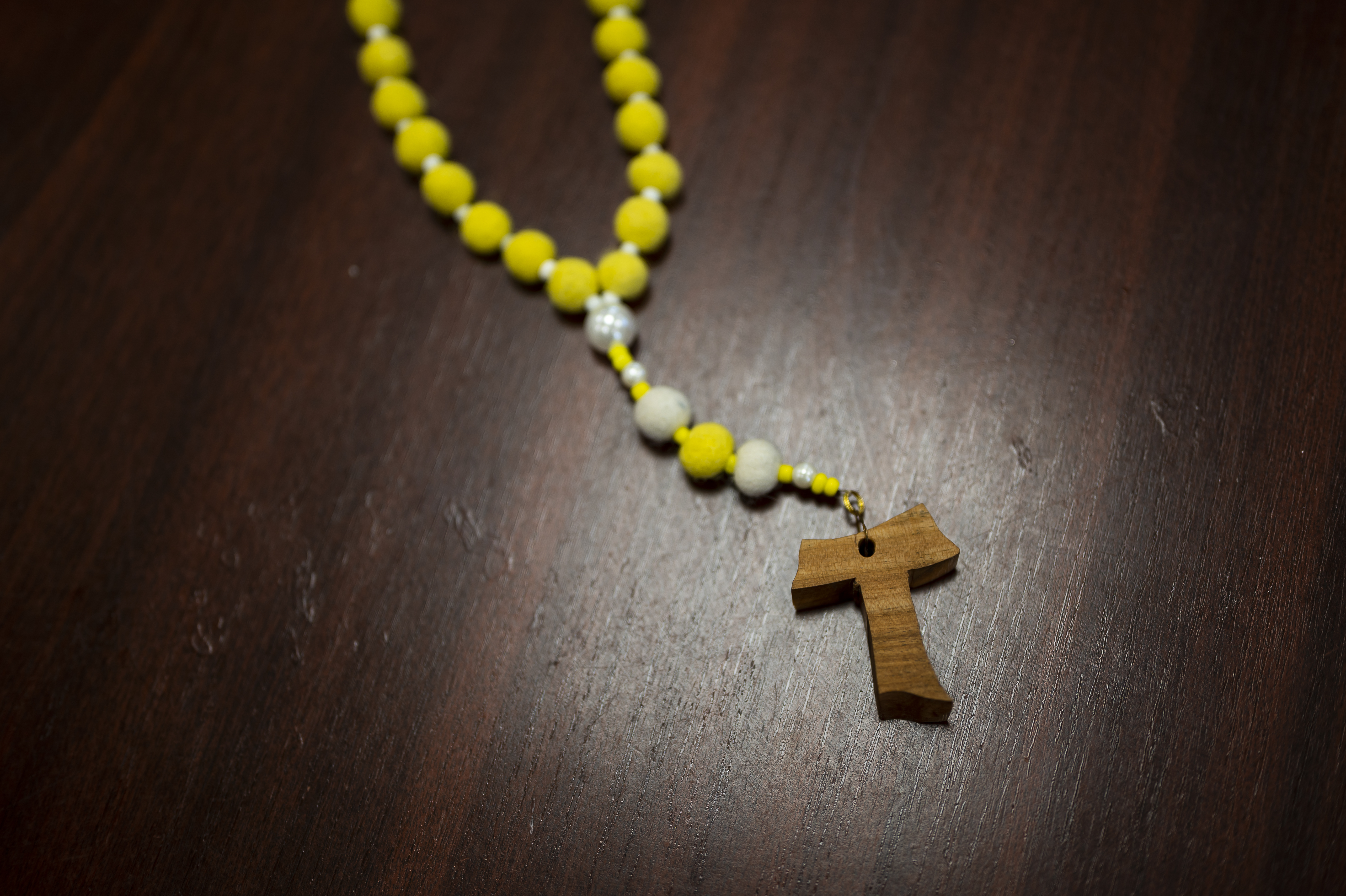A handmade rosary made by residents of the Blessed László Battyhány-Strattman Institute as a gift to Pope Francis is seen on a table in Budapest, Monday, April 17, 2023. (AP Photo/Denes Erdos)