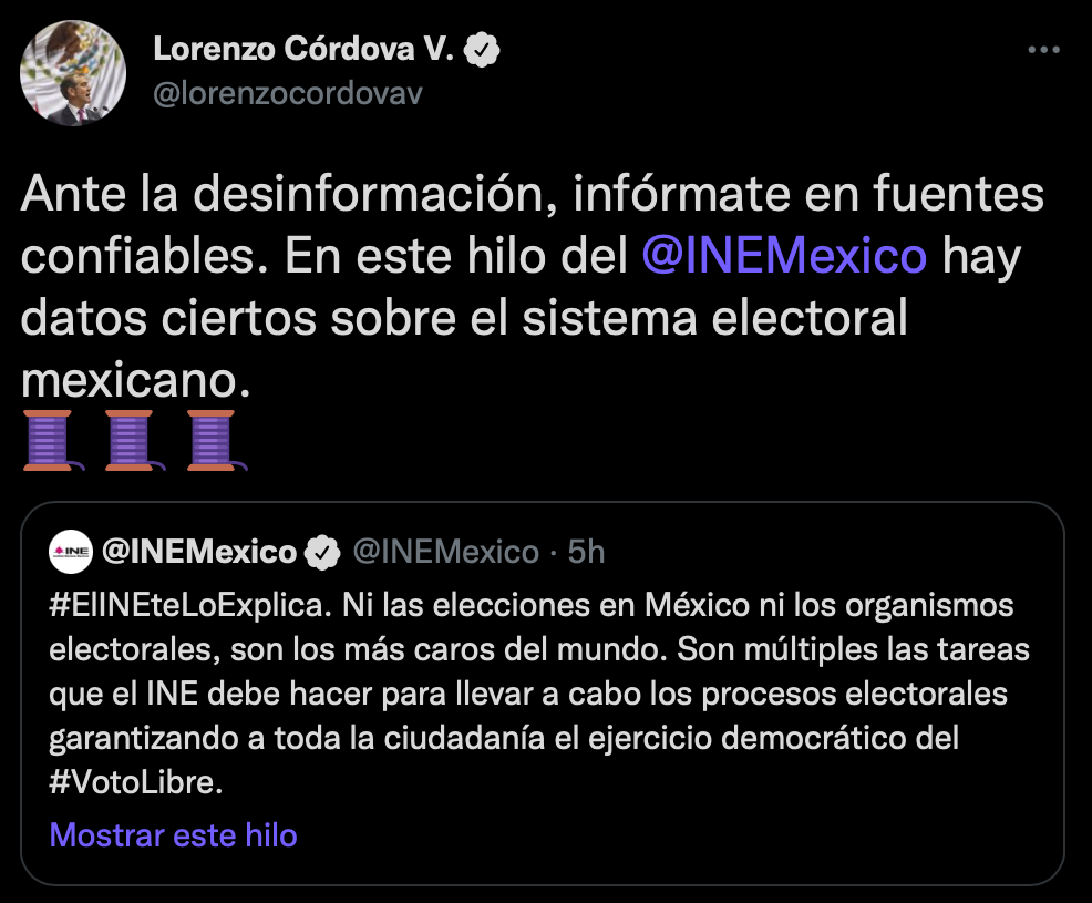 Lorenzo Córdova pidió no caer en desinformación alrededor del INE (Foto: Twitter/@lorenzocordovav)