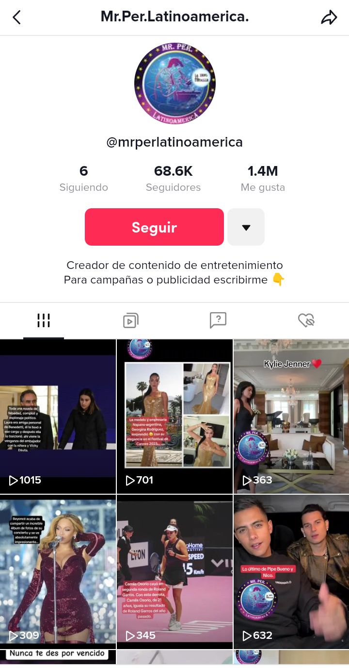 Esta es el perfil @mrperlatinoamerica en TikTok, que cuenta con más de 68.600 seguidores, en el que apareció el video de Camila Zuluaga con su familia.