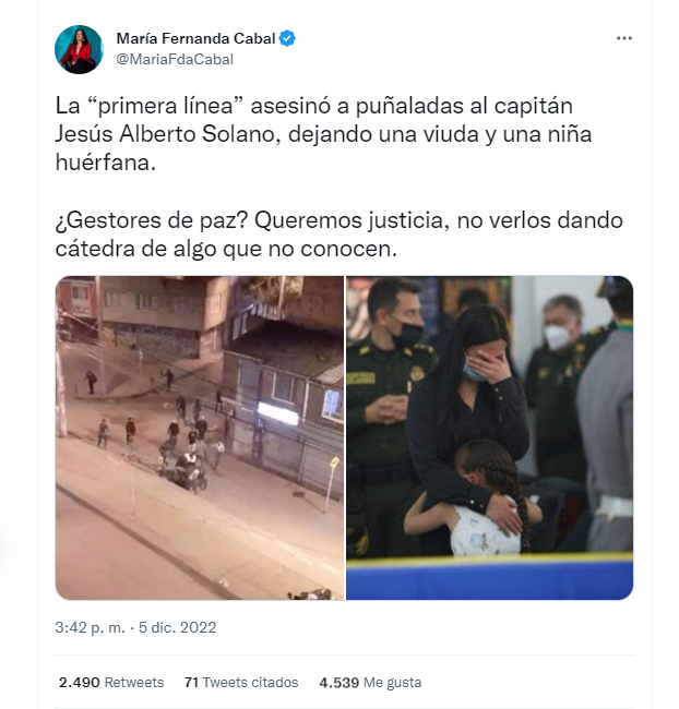 Otro caso evocado por Cabal fue el del capitán Jesús Alberto Solano, asesinado por más de 20 puñaladas. Por este hecho fueron capturadas tres personas.
Vía Twitter (@MariaFdaCabal)