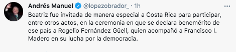El presidente López Obrador presumió el viaje de Gutiérrez Müller a Costa Rica (Foto: Twitter@lopezobrador_)