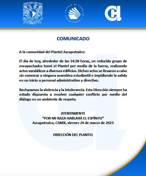 CCH Azcapotzalco emitió un documento dirigido a la comunidad del plantel.
(Facebook CCH Azcapotzalco)