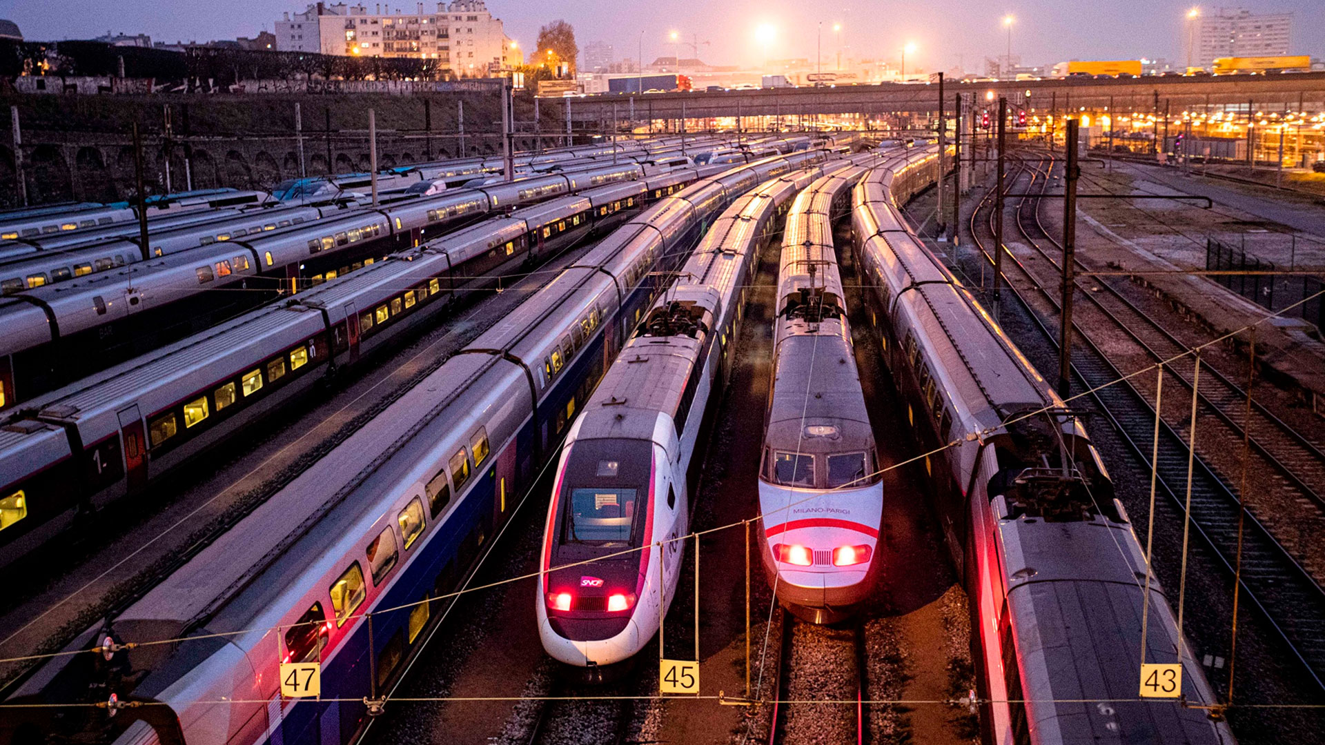 TGV high speed trains sit outside a station during a national strike in Charenton near Paris, France, on Thursday, Dec. 5, 2019. In what has been the undoing of previous French governments, unions representing everyone from transport workers to lawyers, doctors, teachers and students are going on an indefinite “greve,” or strike, starting Thursday to oppose Macron’s plan to reform the country’s pension system. Photographer: Christophe Morin/Bloomberg