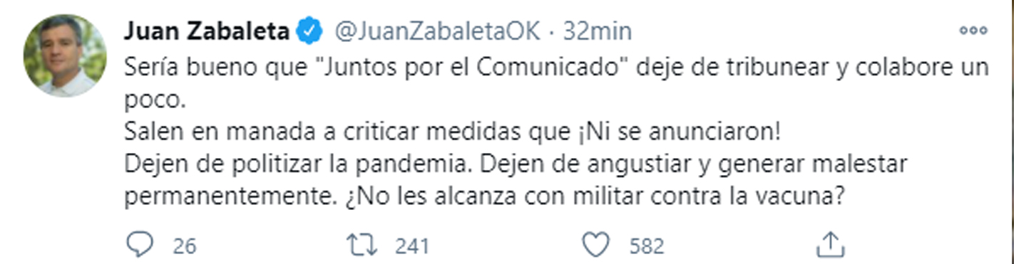 El mensaje de Juan Zabaleta (Twitter)