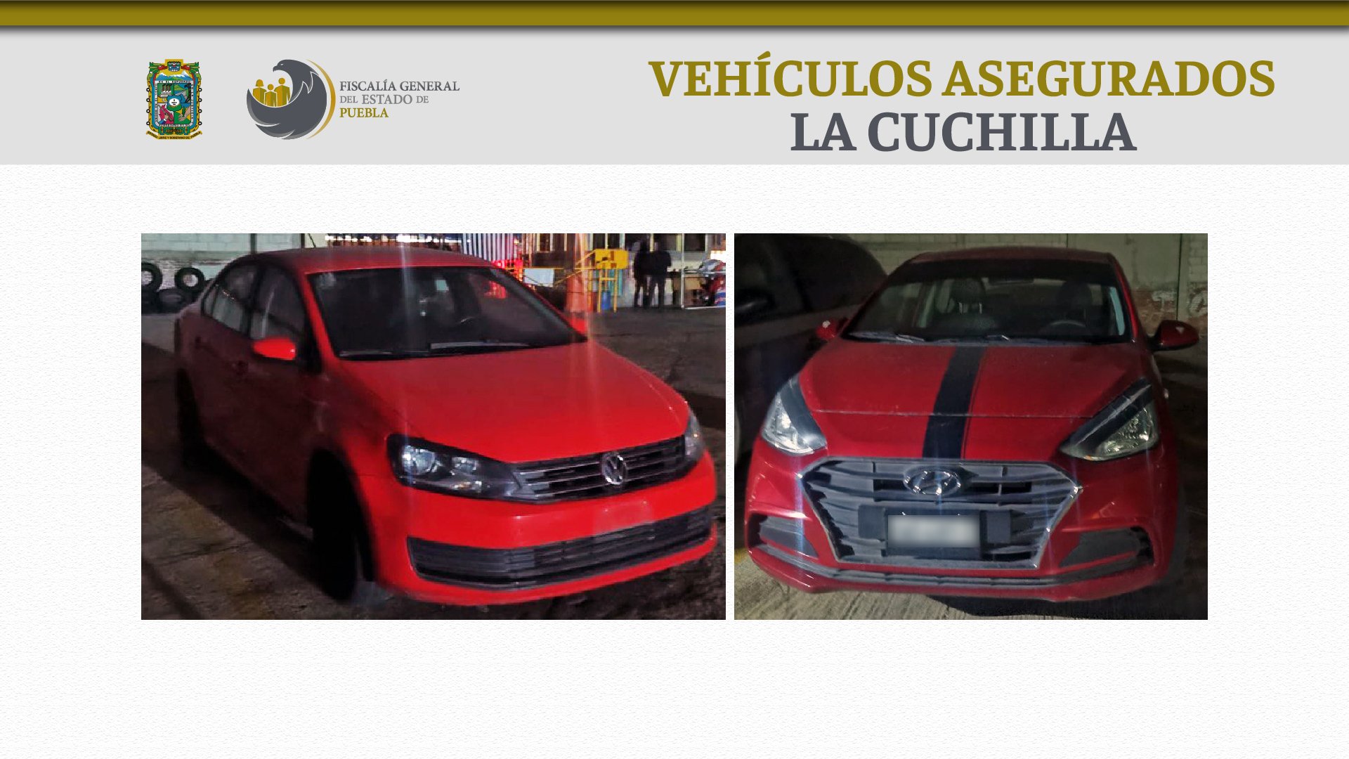 Un Hyundai i10 modelo 2020 y un Volkswagen Vento modelo 2018 fueron asegurados (Foto: Fiscalía de Puebla)