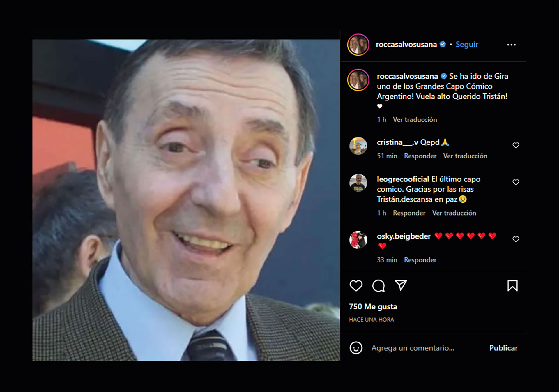  Susana Roccasalvo despidió a Tristán en Instagram