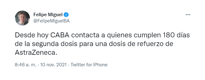El jefe de Gabinete porteño, Felipe Miguel, anunció que se utilizará Astrazeneca para las dosis de refuerzo (foto: @FelipeMiguelBA)