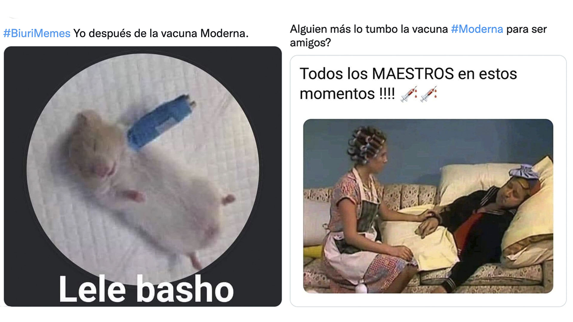La Secretaría de Salud inidicó que los efectos secundarios más frecuentes de la vacuna Moderna son: cansancio, dolor, inflamación o enrojecimiento en el brazo, vómitos, dolor de cabeza, cuerpo cortado, escalofríos, inflamación de los ganglios axilares y fiebre (Foto: @PwoperAllonsy / Twitter - @LaBuelna / Twitter)