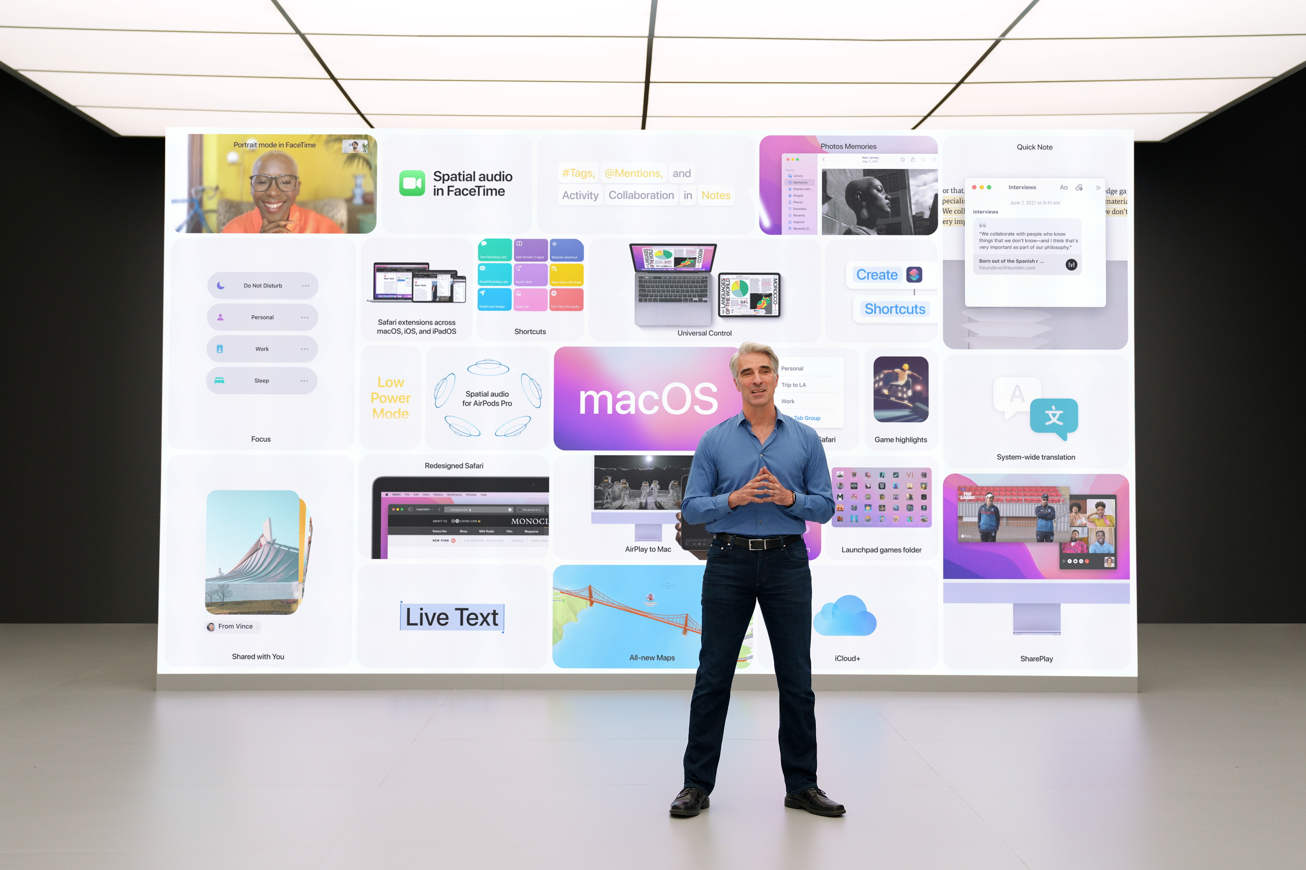     Craig Federighi, senior vice president of software engineering during the macOS Monterey keynote at Apple Park, Cupertino, California on June 7, 2021. (Brooks Kraft/Apple Inc/Handout via REUTERS)