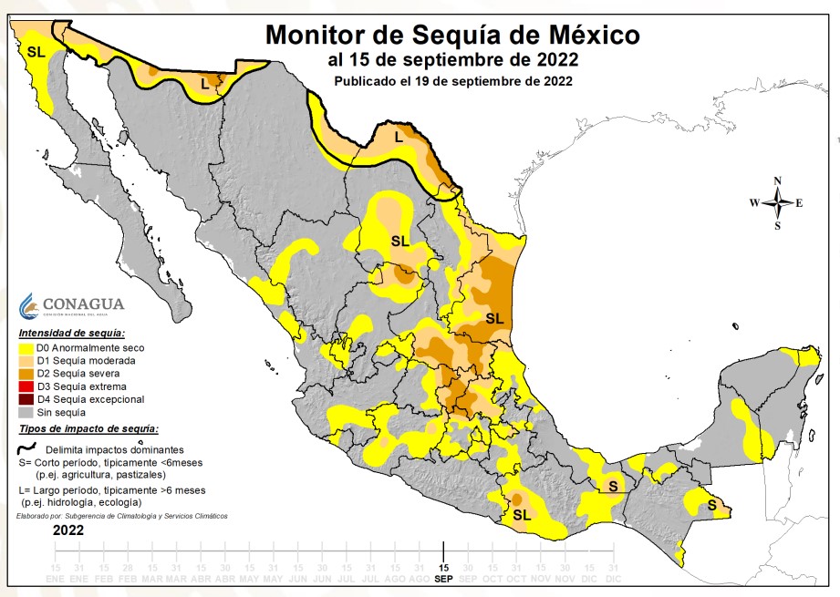 Niveles de sequía en México durante la primera quincena de septiembre. Foto: Conagua Clima