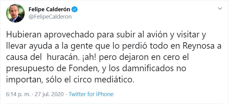 Así se expresó el expresidente Calderón a través de su cuenta de twitter.  (Foto: captura de pantalla) 