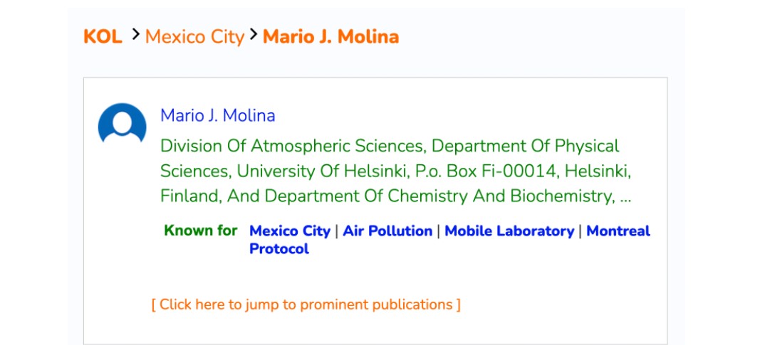 Ejemplo al buscar al al doctor Mario Molina, Premio Nobel de Química 1995 en Google Scholar.