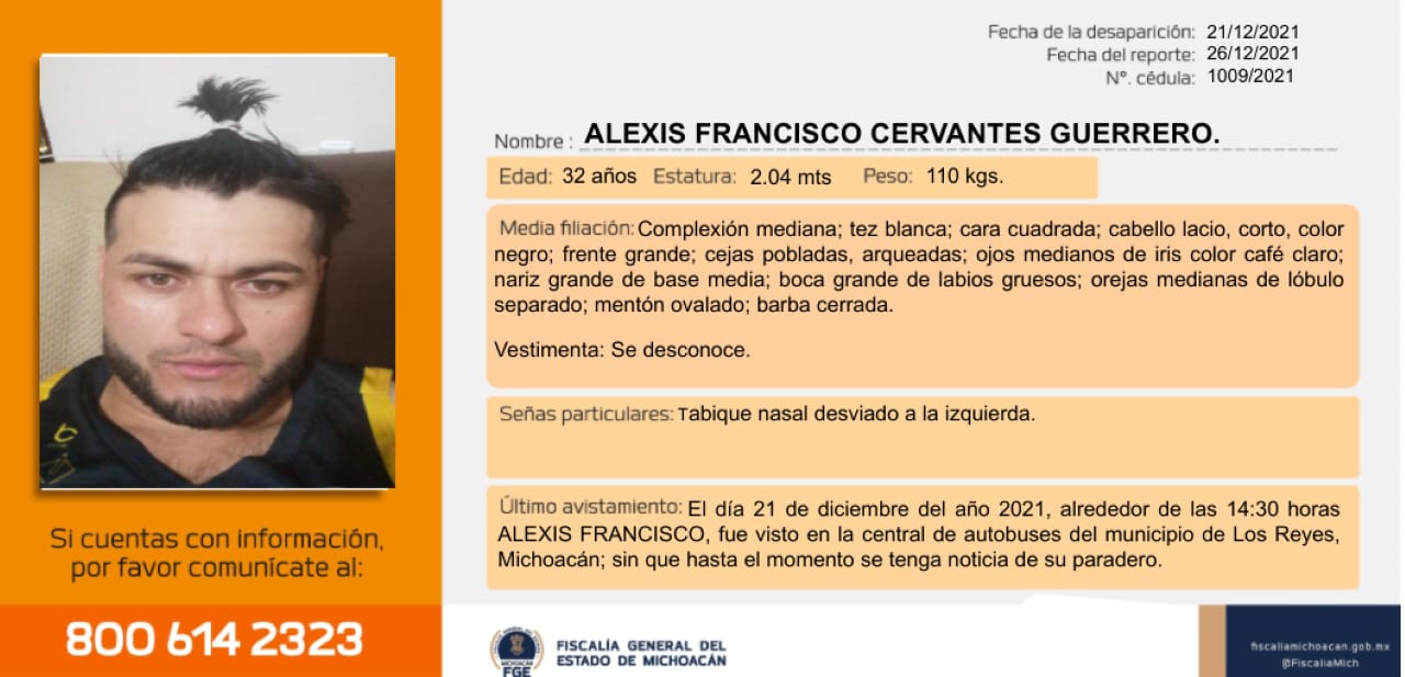 La mañana de este domingo la Fiscalía General del Estado de Michoacán (FGJE) emitió la ficha de desaparición de Alexis Cervantes (Foto: Twitter/@FiscaliaMich)