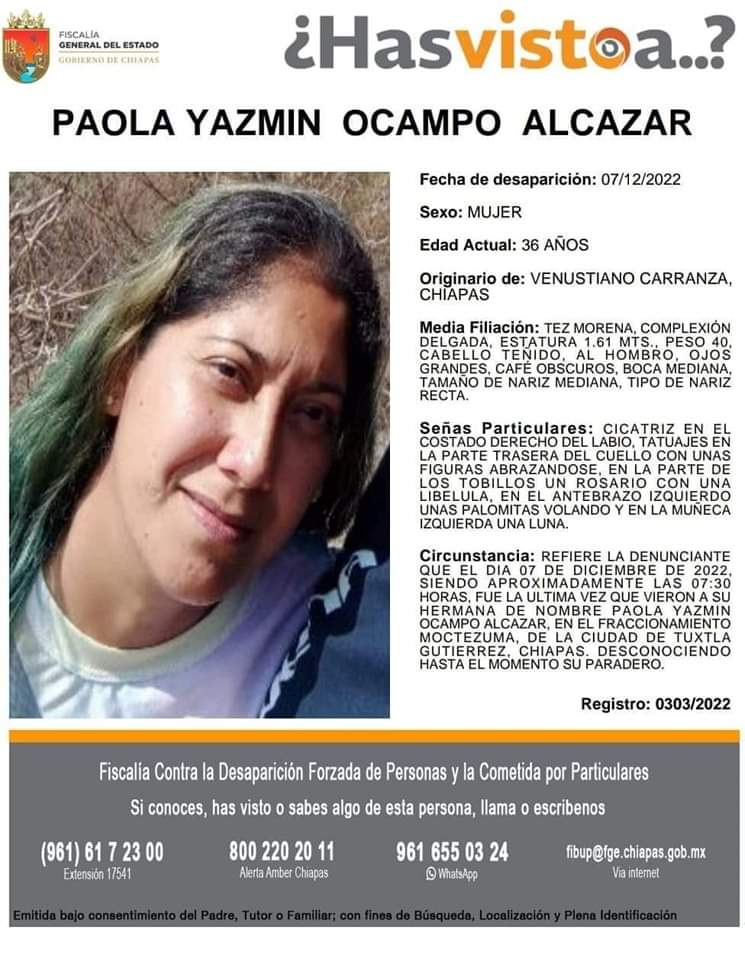 This is what the 37-year-old woman's disappearance alert looked like (photo: FGJ Chiapas/Twitter)