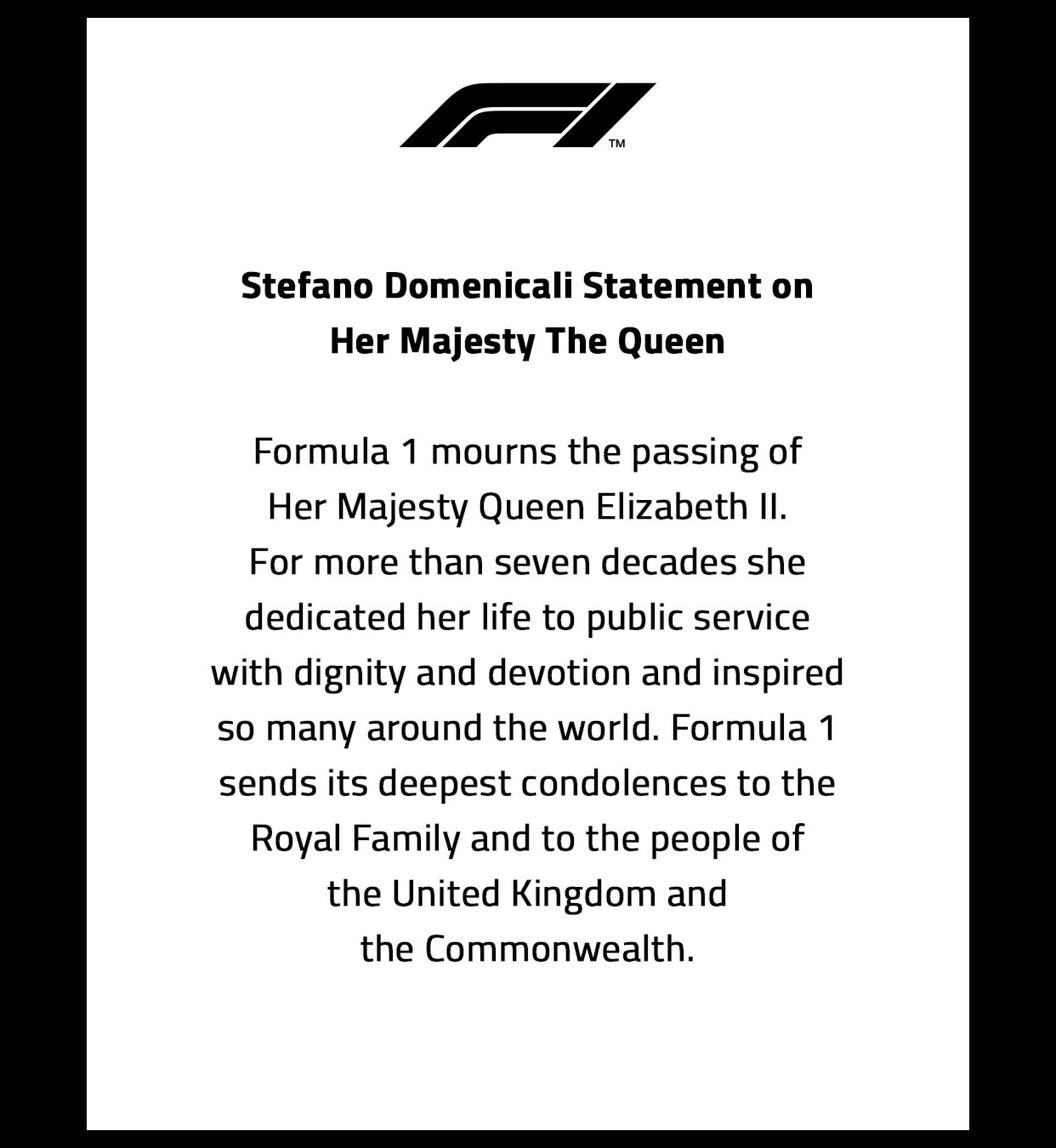 El comunicado en las redes de la Fórmula 1 firmado por Stefano Domenicali (@F1)