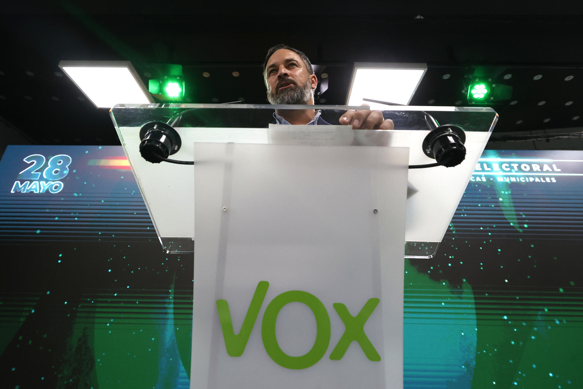 The leader of VOX Santiago Abascal appears before the press to comment on the electoral results, today Sunday in Madrid.  EFE/Javier Lizon