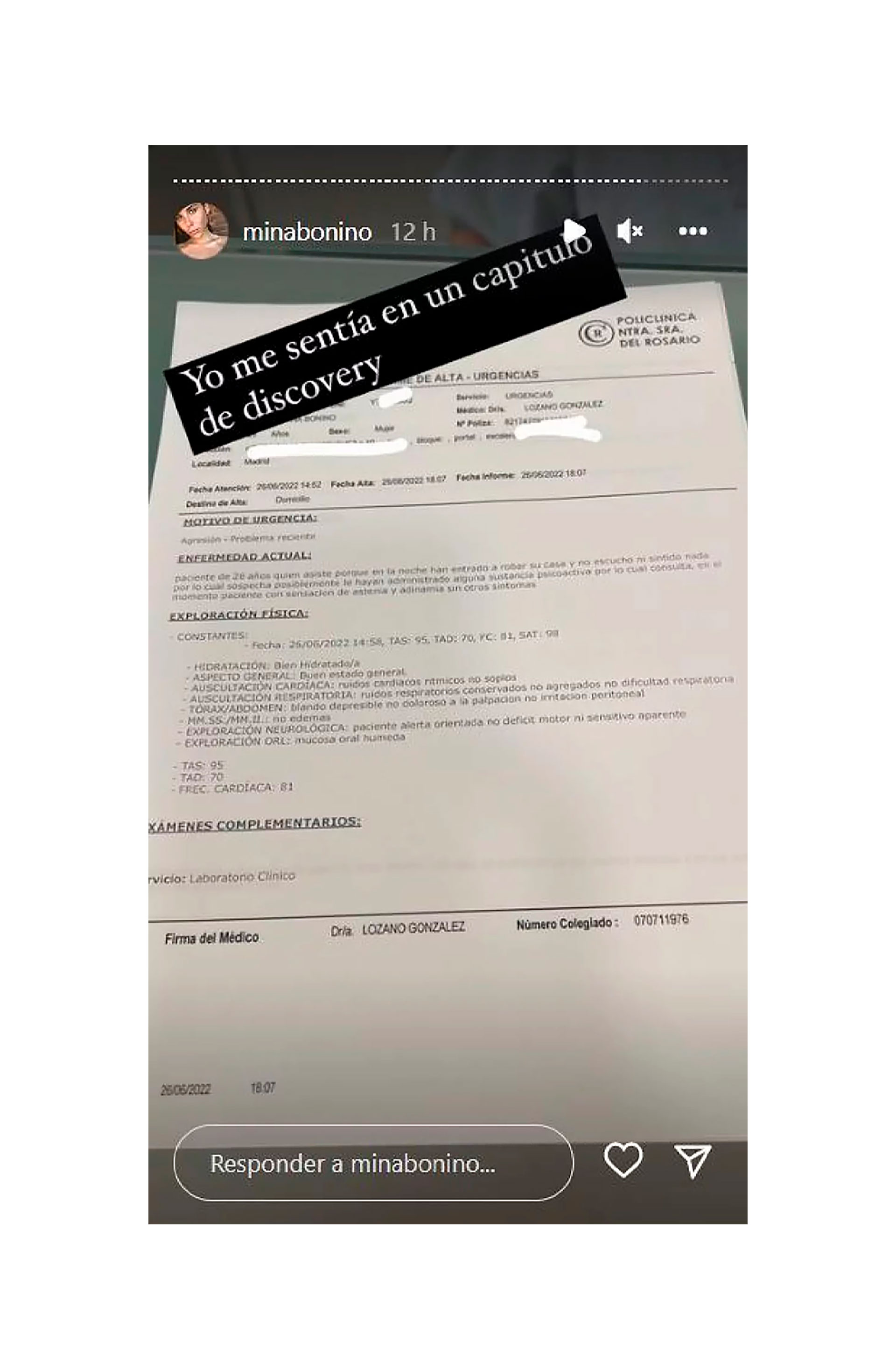 Los análisis en la clínica que le hicieron a Bonino para detectar si tenían sustancias en sus cuerpos