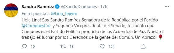 Post en Twitter de Sandra Ramírez. Twitter: @SandraComunes