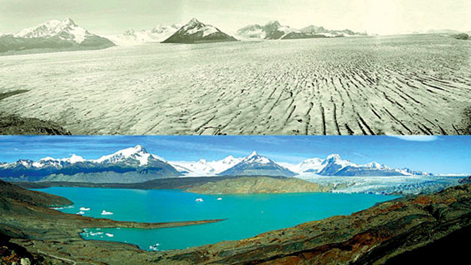El glaciar Upsala, en la Patagonia Argentina, en una foto del año 1928 y 2004, con el evidente retroseso de sus hielos