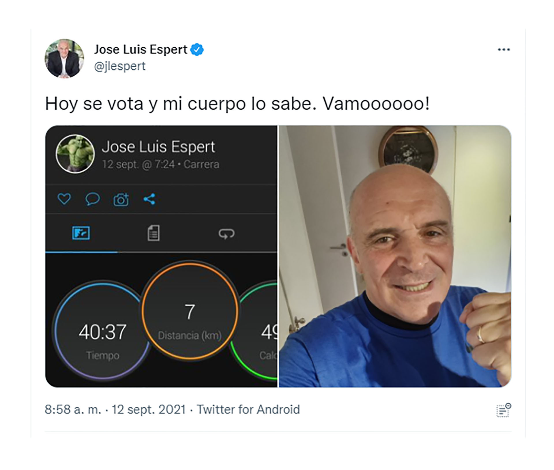 José Luis Espert mostró sus tiempos de runing antes de ir a votar